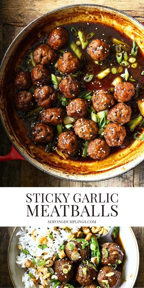 Sticky Garlic Sesame Meatballs Roasted Garlic Meatballs, Baked Asian Meatballs, Meatball Stir Fry Recipes, Soy Sauce Meatballs, Mongolian Beef Meatballs Recipe, Asian Zing Meatballs, Ground Pork Meatball Recipes, Asian Meatballs And Rice, Pickle Meatballs