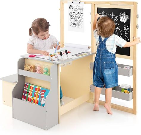 Maxmass Kids Art Table and Bench Set, 3-in-1 Children Drawing Table with Playset Height Adjustable Double Sided Art Easel, Bookshelf & Rich Accessories, Toddler Activity Table for Boys Girls (Gray) : Amazon.co.uk: Home & Kitchen Kids Art Easel, Kids Art Table, Kid Friendly Furniture, Table Activities For Toddlers, Kids Easel, Magnetic Whiteboard, Table And Bench Set, Drawing Table, Table Bench