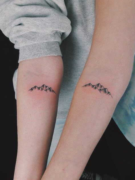 Matching Moutain Tattoos, Mom And Daughter Tattoos Nature, Best Friend Tattoos Mountains, Mountain Tattoo Matching, Matching Tattoos Mountains, Matching Camping Tattoo, Matching Outdoor Tattoos, Matching Mountain Tattoos Couples, Best Friend Mountain Tattoos