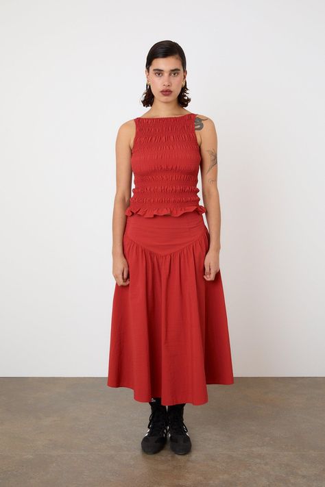 The Deba Midi Skirt, Tomato - Peachy Den Top With Peplum, Peachy Den, Feminine Silhouette, Peplum Hem, Half Circle, Pitcairn Islands, Circle Skirt, British Indian, Trinidad And Tobago