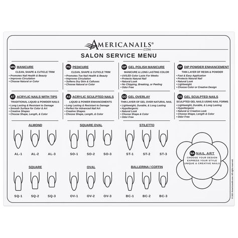 PRICES MAY VARY. Descriptions of all nail services with codes Examples of nail shapes and lengths with codes Promotes nail services, builds business, improves salon sales Durable silicone mat protects nail table Wipes clean with pure acetone Americanails Silicone Salon Service Menu. The ultimate sales tool for busy salons and spas! Complete salon service menu printed on a durable, easy-to-clean silicone mat that protects your nail station. Let your clients read the menu before and during their s Nail Station, Nail Table, Gel Natural, Gel Polish Manicure, Nail Techniques, Best Kisses, Nail Services, School Nails, Salon Services