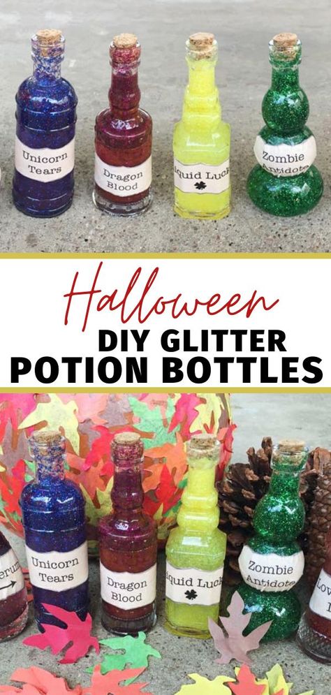 Halloween Potion Decorations, Diy Poison Bottles Halloween Apothecary, Halloween Spells And Potions, How To Make Halloween Potions, Diy Glitter Potion, Halloween Diy Potion Bottles, Diy Potion Bottles Halloween Liquid, Potion Sensory Bottles, Diy Halloween Poison Bottles