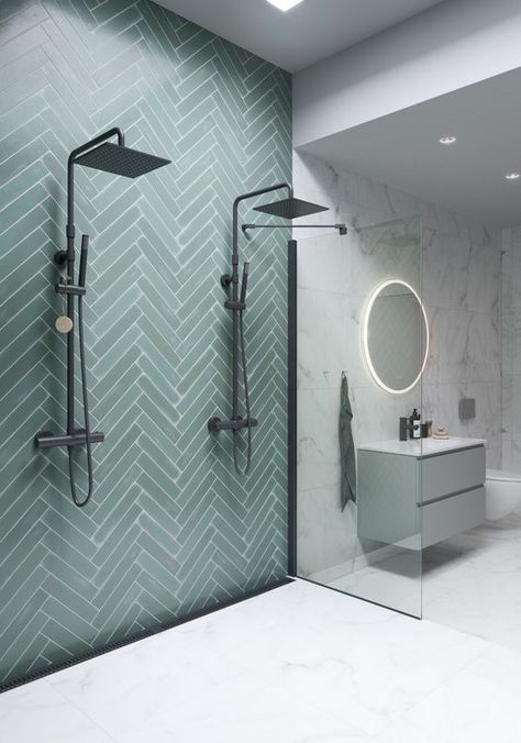 Turquoise And White Bathroom, Dekorere Bad, Green Tile Bathroom, Herringbone Tile, Bathroom Tile Designs, Bathroom Inspiration Decor, Upstairs Bathrooms, Hus Inspiration, Bathroom Tiles