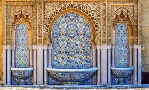 Famous moroccan architecture in Morocco | Historical monuments in Morocco Moroccan Mosque, Dekorasi Maroko, Moroccan Fountain, Morocco Photography, Design Marocain, Morocco Travel, Moroccan Design, Moroccan Decor, Photography Wall