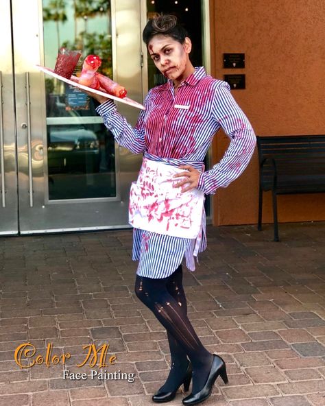 Zombie waitress - makeup and costume by Vanessa Mendoza of Color Me Face Painting #colormefacepainting #zombiemakeup #zombiecostume #halloweencostume #facepaint Scary Chef Costume, Zombie Waitress Costume, Waitress Costume Halloween, Waitress Makeup, Zombie Waitress, Vanessa Mendoza, Chef Table, Zombie Nurse, Chef Costume