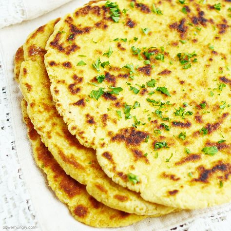 Chickpea Flour Naan {vegan, grain-free, easy} | powerhungry® Chickpea Naan, Chickpea Flour Bread, Chickpea Flour Recipes, Gluten Free Flatbread, Garbanzo Bean Flour, Flat Breads, Bean Flour, Vegan Pancakes, Chickpea Recipes