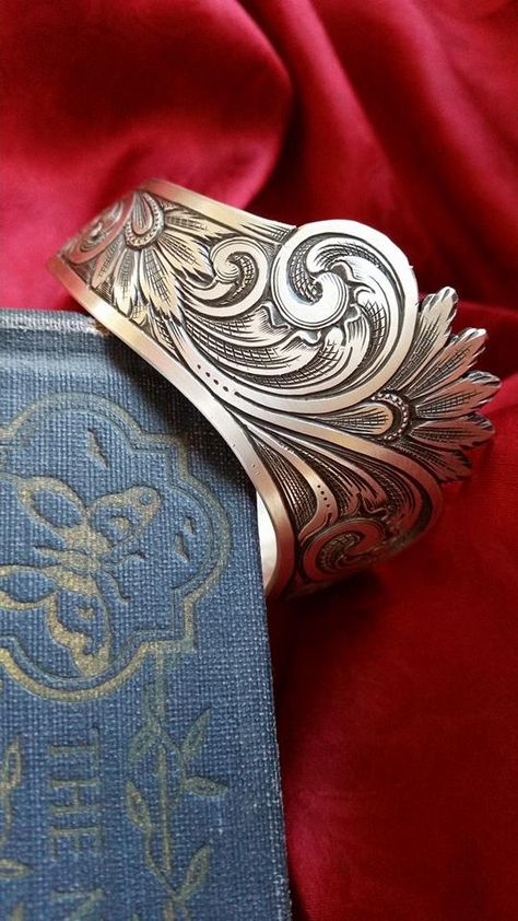 Custom Hand Engraved Sterling Silver Bracelet...designed and made by John Mincer Hand Engraved Jewelry, Filigree Tattoo, Wax Carving, Engraving Art, Leather Carving, Metal Engraving, Silver Engraving, Silver Work, Engraved Jewelry