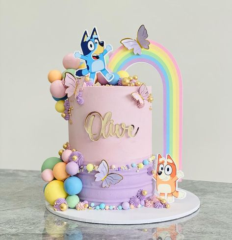 Olive + Bluey 💗 Toppers by @thecarpenterandco Sprinkles @sprinklenest | Instagram Rainbow Bluey Party, Rainbow Bluey Cake, Bluey Girl Cake, Bluey 1st Birthday Cake, Bluey Cake Ideas For A Girl, Four Birthday Party Ideas, Bluey Birthday Cake For Girl, Bluey Treats, Bluey Toppers