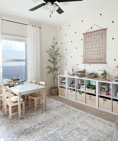 Even the simplest of decals can make all the difference! 🔺 📸: @arlynmdesigns Playroom Art Corner, Basement Toy Area, Toddler Basement Playroom, Workout Room Playroom Combo, Modern Playroom Design, Bonus Room Above Garage Playroom, Sibling Playroom, Easy Playroom Ideas, Calming Playroom