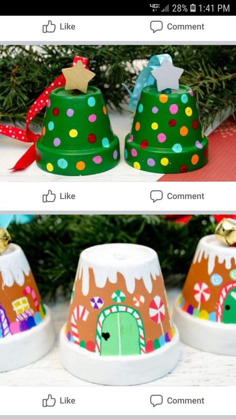 Christmas Terracotta Pot Crafts, Terracotta Pot Gingerbread House, Clay Pot Gingerbread House, Clay Pots Christmas Crafts, Mini Pots Crafts, Small Clay Pot Crafts Christmas Gifts, Flower Pot Ornaments, Tiny Clay Pot Crafts, Flower Pot Christmas Crafts