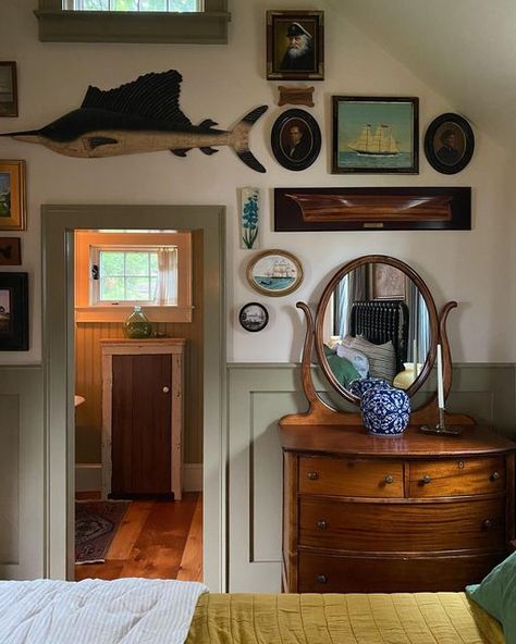 Antique Lake House, Sea Captains House, Nautical Hotel Room, Fishing Cottage Interior, Maine Cottage Bedroom, Adirondack Cabin Interior, Nautical Bedroom Aesthetic, Nautical Man Cave, Nautical Antique Decor