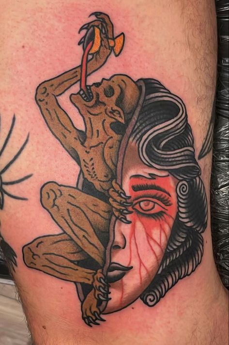 American Traditional Creepy Tattoos, Traditional Gore Tattoo, Traditional Mouth Tattoo, Scary American Traditional Tattoo, Doom Metal Tattoo, Creepy Traditional Tattoo, Trippy Traditional Tattoo, American Traditional Horror, Male Pinup Tattoo