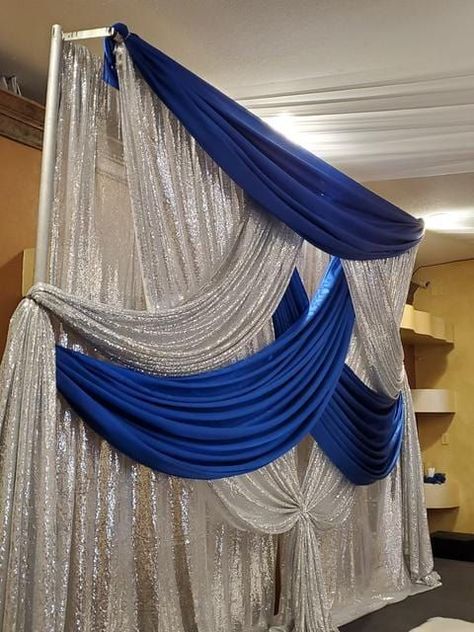 Ballroom Party Decorations, Royal Blue And Silver Backdrop, Royal Blue And Silver Sweet 16 Decorations, Ballroom Decorations Wedding, Drapes For Wedding Reception, Royal Blue Decorations Party, Royal Blue Wedding Backdrop, Royal Blue And Silver Wedding Theme, Blue And Silver Backdrop