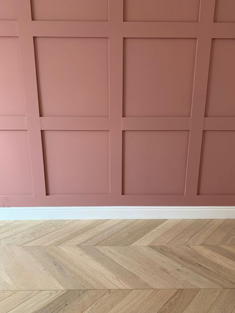 Attic Bedroom Wood Paneling, Pink And Green Bedroom Panelling, Dusty Pink Feature Wall Bedroom, Pink Wood Panelling, Dark Pink Panelling, Dusty Pink Panelling Bedroom, Dusky Pink Panelling, Dusky Pink Office, Pink Bedroom Panelling