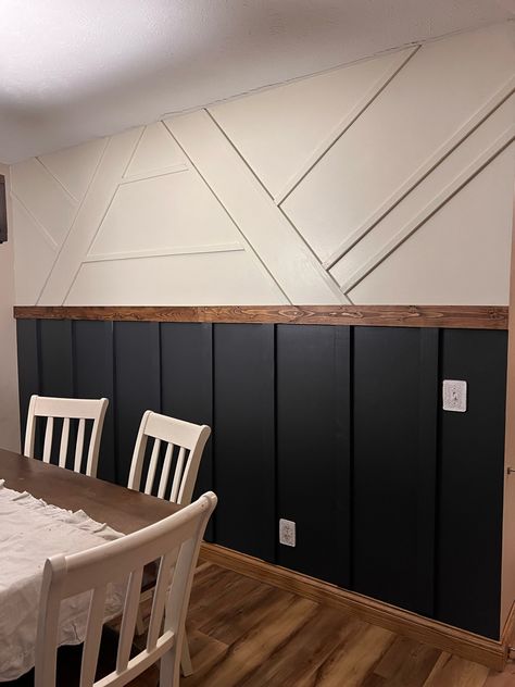 Black wall, wood wall, accent wall Black Wall With Paneling, Accent Wall Ideas Half Wall, Three Quarter Accent Wall, Farmhouse Dining Room Board And Batten, Black Accent Kitchen Wall, Black Accent Wall With Wood Trim, White Walls Black Accents Living Room, Black And Cedar Accent Wall, Diy Wood Accent Wall Dining Room