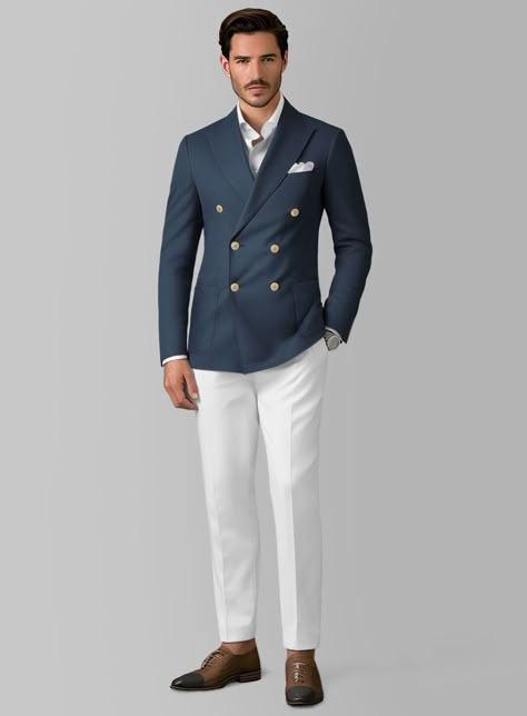 The essence of a gentleman's attire is found in simplicity and sophistication, traits that are beautifully embodied by our White Blue Cotton Suit. This suit is meticulously tailored from a cotton-lycra blend that ensures both comfort and durability. The ensemble features crisp white pants paired with a distinct mid-range blue jacket, offering a stylish and memorable look ideal for making a bold statement. This elegantly designed suit provides the perfect blend of functionality and style, with added stretch to ensure you remain comfortable while looking impeccably sharp in any scenario.  Look Includes    Blue Stretch Chino  Jacket Fabric    White Stretch Chino Pant Fabric   Double Breasted Jacket Style  Peak Lapel   Corozo     Ivory  Buttons  Single Vent  Three Cuff Buttons  Two Welted Back