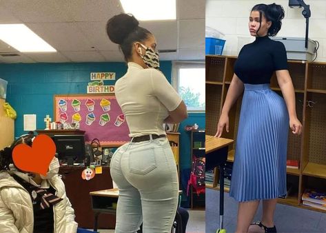 A curvy art teacher Roxsana Diaz from New Jersey is being trolled by parents and social media users for posting tight clothing. How To Be Curvy, Cute Teacher Outfits Elementary, High School Teacher Outfits, Elementary Teacher Outfits, Curvy Teacher Outfits, Skirt And Tights Outfit, Professional Teacher Outfits, Clothes Curvy, School Teacher Outfits