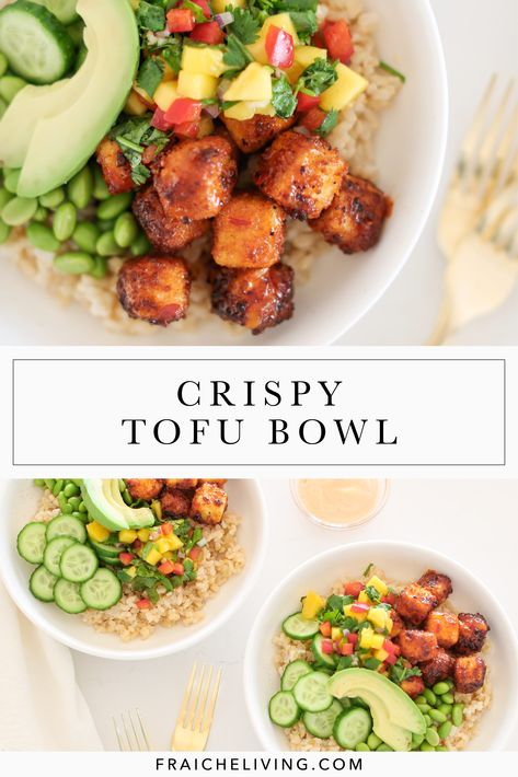 I remember the first time I ordered the Crispy Tofu Bowl from Cactus Club … uh-mazing! I have been dreaming about it ever since and finally found the time to recreate it to share with you… of course! This Crispy Tofu Bowl is loaded with delicious healthy ingredients! #tofubowl #healthyrecipe #tofubowlrecipe #bowlrecipe #healthytofubowl #healthylifestyle #crispytofubowl #crispytofurecipe Cactus Club Tofu Bowl, Crispy Tofu Bowl Cactus Club, Quinoa And Tofu Bowl, Cactus Club Salad Recipes, Crispy Tofu Rice Bowl, Air Fryer Tofu Bowl, Crispy Tofu Salad, Tofu Salad Bowl, Mexican Tofu Bowl