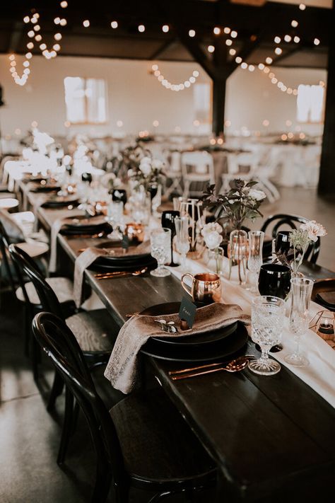 Boho Goth Wedding, Copper And Black Wedding, Black Wedding Table Decor, Dinner Photoshoot, Black Wedding Table, Montana Bride, Dark Romantic Wedding, Romantic Wedding Colors, Moody Vibes