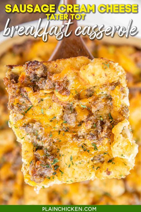 Sausage Cream Cheese Tater Tot Breakfast Casserole - Sausage, cream cheese, cheese, tater tots, eggs, milk, garlic, onion, & pepper. Great make-ahead dish! Sausage Pinwheel, Bubble Up Breakfast, Fruit Salad With Cream, Sausage Pinwheels, Biscuit Breakfast, Holiday Casseroles, Breakfast Casserole With Biscuits, Tater Tot Breakfast Casserole, Dinner Sausage