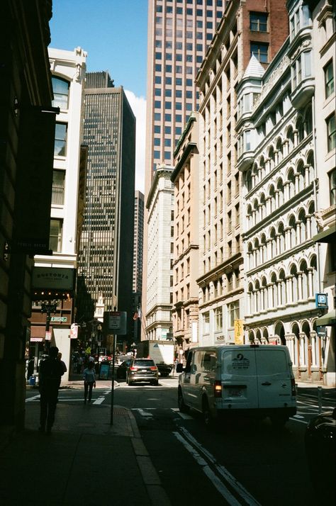 photo of a street in boston with buildings on either side Kodak 35mm Photos, Kodak Portra 400 35mm, Kodak 400 Film, Kodak Pixpro Fz45 Pictures, Kodak Film Pictures, Kodak Fz55, Point And Shoot Photography, Kodak Aesthetic, 35mm Film Photography Aesthetic