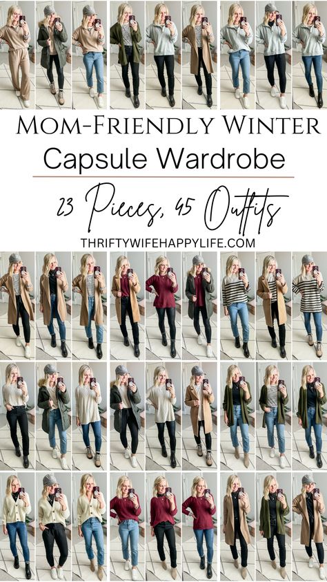 Mom-Friendly Winter Capsule Wardrobe for Winter 2023/2024 Casual Dress Up Outfits Winter, Mom Outfits Capsule Wardrobe, French Inspired Capsule Wardrobe, Mom Style Winter 2023, Women’s Winter Capsule Wardrobe, What To Wear Casual Winter, Casual Outfit For Winter, Mom Wardrobe Capsule, Cool Mom Outfits Winter