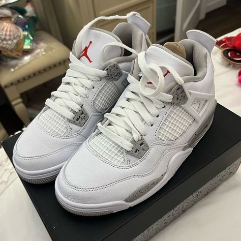 Nike Shoes | White Oreo Jordan 4 Nike Shoes Gs | Color: Red/White | Size: 6 White Oreo Jordan 4, Shoe Ideas For Women, Jordan 4 Nike, Nike Shoes White, Pretty Sneakers, Fly Shoes, White Nike Shoes, Nike Fashion Shoes, Preppy Shoes