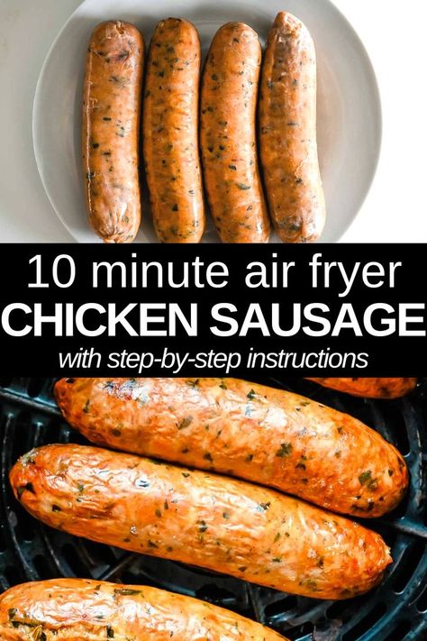 collage photo pin showing uncooked chicken sausage on top and cooked air fryer chicken sausage on the bottom with text in between. Air Fryer Chicken Apple Sausage, Chicken Sausage Air Fryer Recipes, Chicken Sausages In Air Fryer, Air Fry Chicken Sausage, Chicken Sausage Trader Joes Recipe, Turkey Sausage In Air Fryer, Chicken Sausage In Air Fryer, Chicken Apple Sausage Air Fryer, Costco Chicken Sausage Recipe