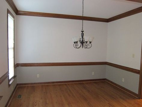 Living Room Brown Trim : Beige walls and dark brown trim. Description from pinterest.com. I searched for this on bing.com/images Living Room Paint Color Ideas With Natural Wood Trim, Natural Wood Chair Rail, Dark Wood Chair Rail, Dark Chair Rail, Chair Rail Paint Ideas, Wood Chair Rail, Dining Room Wall Color, Dark Wood Trim, Chair Rails