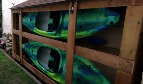 Pvc Kayak Storage, Kayak Shed, Kayak Storage Ideas, Diy Kayak Rack, Diy Kayak Storage Rack, Kayak Rack Diy, Diy Kayak Storage, Old Town Kayak, Kayak Holder