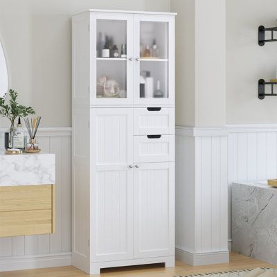 Storage made stylish. Made from engineered wood, this traditional bathroom cabinet features a clean-lined design and an upright orientation that saves on floor space. A white finish creates a crisp look that's also water-resistant. The cabinet boasts four doors with adjustable shelves inside, providing ample room for towels and toiletries. Plus, two drawers at the bottom add extra storage for smaller items. Best of all, it comes with a wall anchor device for added safety in busy family bathrooms Tall Cabinet With Doors, Traditional Bathroom Cabinets, White Bathroom Storage Cabinet, Bathroom Cabinet With Drawers, White Bathroom Shelves, White Linen Cabinet, Linen Storage Cabinet, Tall Bathroom Cabinet, High Cabinet