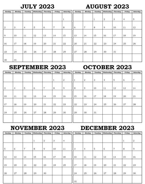 Free July To December 2023 Calendar - 6 Months One Page December Month Calendar, Dec Calendar, Free Printable Calendars, Calendars 2024, Career Center, Printable Calendars, 12 Month Calendar, 2023 Calendar, Month Calendar