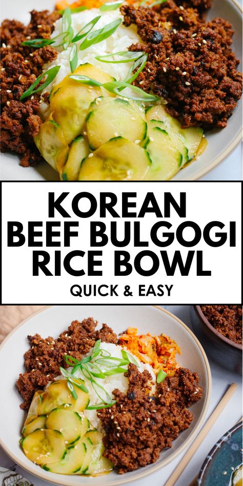 Indulge in the bold flavors of Korean cuisine with Korean Ground Beef Bulgogi Rice Bowl Recipe - a delicious and satisfying meal. Korean Authentic Recipes, Korean Dinner Ideas, Korean Ground Beef Bulgogi, Bulgogi Rice Bowl, Ground Beef Bulgogi Recipe, Korean Chicken Recipe, Ground Beef Bulgogi, Easy Asian Dishes, Beef Bulgogi Recipe