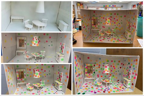 I bought some unfinished doll house furniture from the Dollar Tree & made a mini-obliteration room for my kids to obliterate during our “dots” week! 🔴🟠🟡🟢🔵🟣 Collaborative Mural, Dot Day, Yayoi Kusama, Famous Artists, Dollhouse Furniture, Elementary Art, Art Education, Art Classes, Doll House