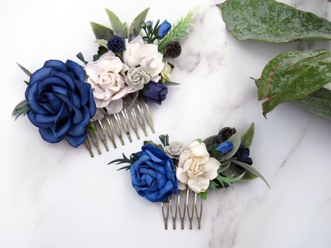 Navy Hair Accessories, Vintage Hair Pieces, Royal Blue Hair, Blue And White Roses, Navy Hair, Royal Blue Flowers, Bride Hair Piece, Blue Hair Accessories, Decorative Hair Combs