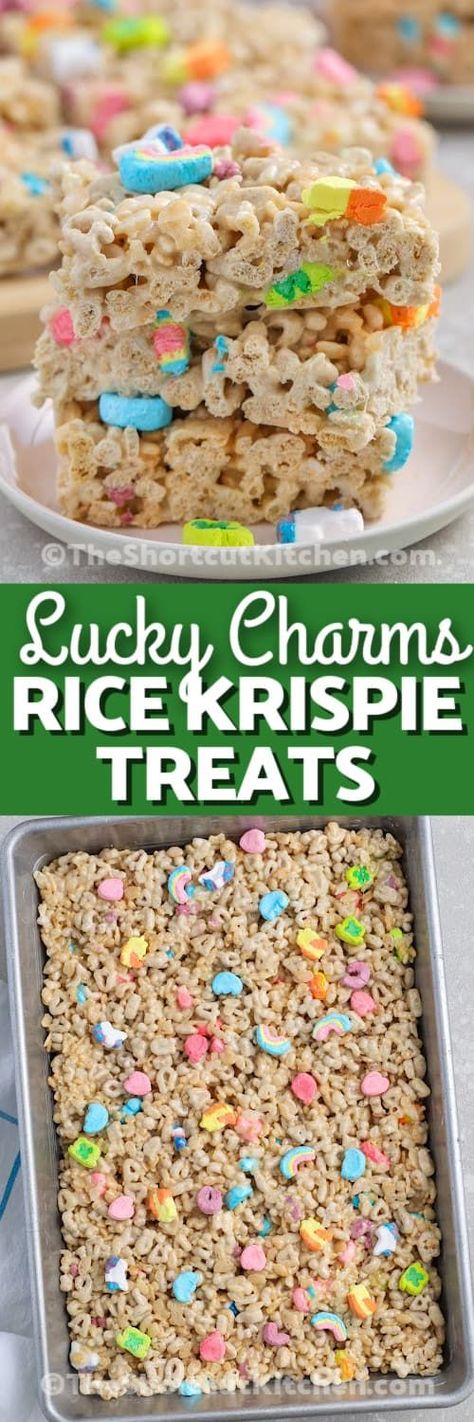 Add a touch of green to your St. Patrick’s Day with these Lucky Charms Rice Krispie treats! This easy recipe combines both cereals with melted mini marshmallows and butter. Simply fold everything together with some food coloring, let it cool, then cut into squares for a deliciously enchanting celebration. #luckycharmsricekrispietreats #theshortcutkitchen #luckycharmsricekrispietreatsmicrowave #luckycharmsricekrispietreatsgreen Green Rice Krispie Treats, St Patrick Day Snacks, Lucky Charms Treats, Sant Patrick, Rice Krispies Recipe, Homemade Rice Krispies Treats, Rice Crispy Treats Recipe, St Patrick Day Treats, Krispie Treats Recipe