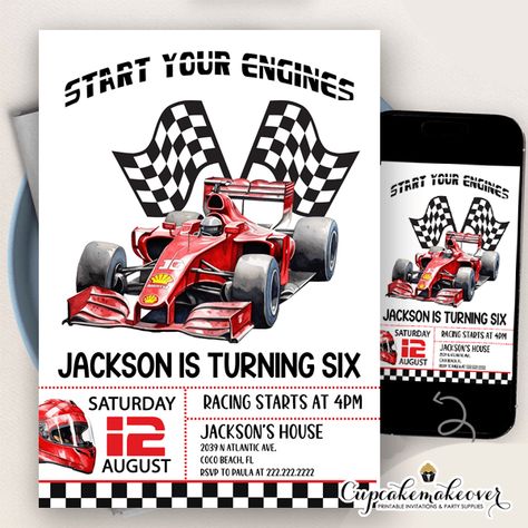 Red Formula 1 Race Car Birthday Invitations Race Car Party Invitations, F1 Birthday Invitation, F1 Themed Party, Formula 1 Party Ideas, Formula 1 Birthday Party Ideas, Formula One Birthday Party, Racing Birthday Theme, Race Car Birthday Invitations, Car Birthday Invitations