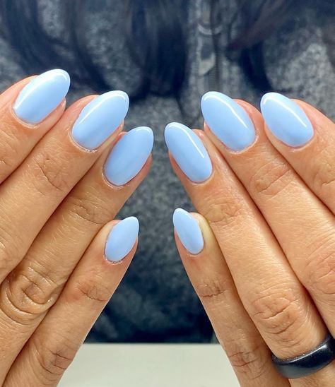 Look at all these beautiful BLUE nails. Katie suggested I use the blue sight word song. 😂💙🔵🦋 Light Indigo Nails, Alice Blue Nails, Short Almond Baby Blue Nails, Oval Light Blue Nails, Almond Nails Designs Solid Colors, North Carolina Blue Nails, Gel Nail Ideas Blue, Honolulu Blue Nails, Nails For Blue Hoco Dress