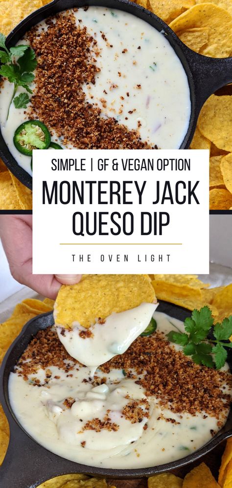 Delicious Monterey Jack Queso - Great for dipping, pouring or scooping! Gluten free and Vegan options. So simple to make! Monterey Jack Queso Dip, Queso With Monterey Jack Cheese, Monterey Jack Cheese Dip, Monterey Jack Queso, Organic Queso Dip, Monterey Cheese Recipes, Gluten Free Queso Dip, Gluten Free Halloween Appetizers, Gluten Free Queso