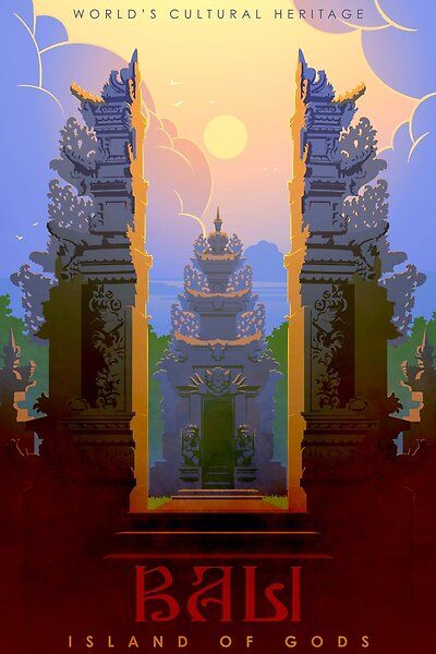 Gfx Design, Hindu Temples, Indonesian Art, Infographic Illustration, Bali Island, Poster Design Inspiration, Seni Cat Air, Art Poster Design, Vintage Travel Poster