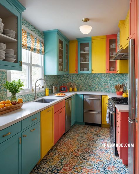 30 Stylish Small Kitchen Ideas in Every Color and Style - Fab Mood | Wedding Color, Haircuts & Hairstyles | Nails | Colours Small Colorful Kitchen Ideas, Multi Color Kitchen Cabinets, Pop Of Color Kitchen, Colourful Kitchen Ideas, Colorful Kitchen Cabinets, Memphis Design Interior, Coloured Kitchens, Stylish Small Kitchen, Colorful Kitchens