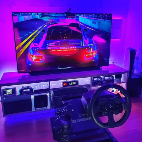 Racing Game Setup, Steering Wheel Gaming Setup, Gaming Wheel Setup, Car Gaming Setup, Racing Setup Gaming, Racing Room, Gaming Cafe, Racing Setup, Car Racing Video