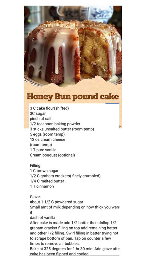 Everyone is posting without the recipe so here ya go Hunny Bun Pound Cake, Honey Bun Carrot Cake Recipe, Thanksgiving Pound Cake Recipes, Honey Bun Pound Cake Recipe, 7up Pound Cake Recipe From Scratch, Honey Bun Pound Cake From Scratch, Sour Cream Pound Cake Recipe Moist, Unique Pound Cake Recipes, Honeybun Pound Cake