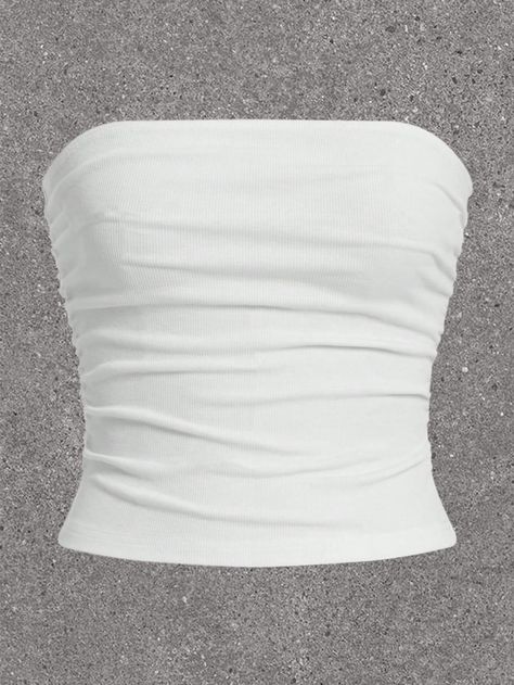 Blanco Casual Collar sin mangas Tela tejida Liso  Embellished Elástico Ligero Shein White Top, Long Bandeau Top, White Tube Top Outfit, Lifeguard Costume, Cute White Shirts, Crop Top Blanco, Crop Top Blanc, White Tube Top, Tops Shein