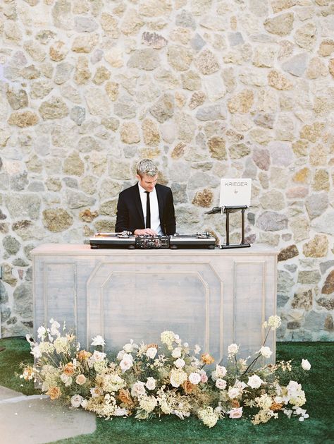 The Number of Personalized Details at This Malibu Wedding Will Truly Astound You Wedding Dj Booth, Wedding Dj Setup, Modern Guest Book, Dj Table, Fall Wedding Color Palette, Booth Decor, Booth Wedding, Dj Setup, Malibu Wedding