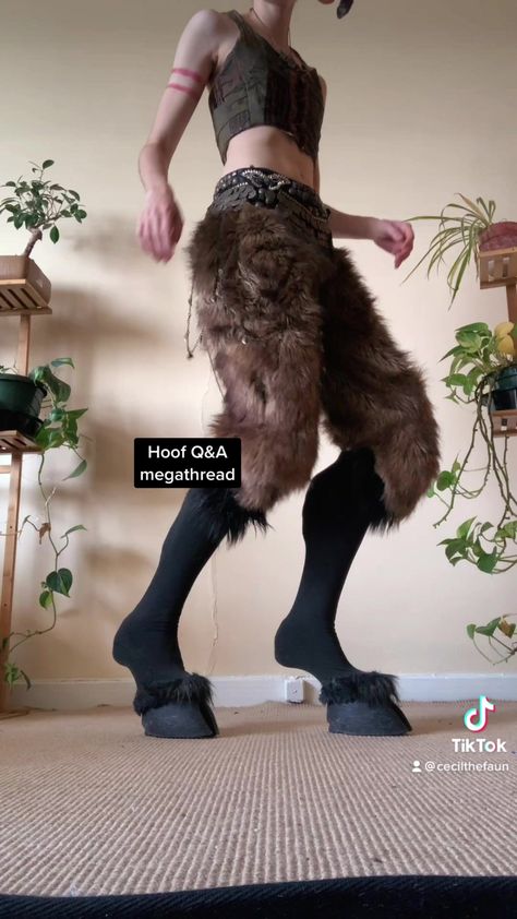 Satyr Hooves Diy, How To Make Faun Hooves, Faun Leg Anatomy, Goat Leg Cosplay, Human With Hooves, How To Make Hooves For A Costume, Faun Cosplay Diy, Male Faun Cosplay, Satyr Legs Diy