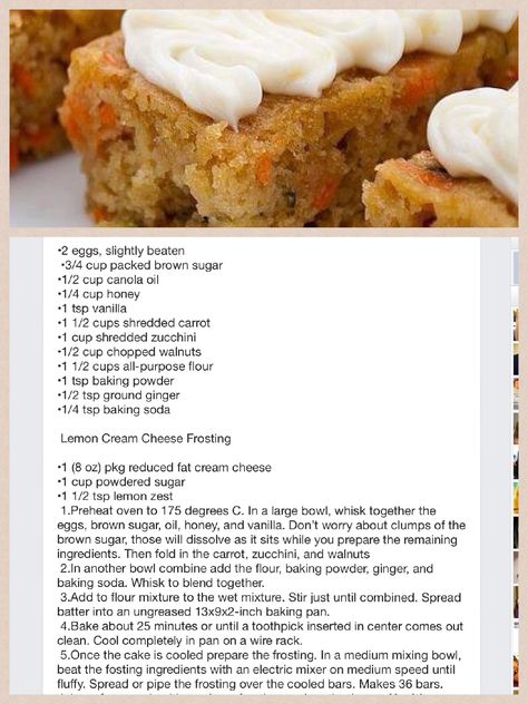 Carrot and Zucchini Bars with Lemon Cream Cheese Frosting Carrot Zucchini Bread, Zucchini Bars, Carrot Zucchini, Lemon Cream Cheese Frosting, Baking Soda And Lemon, Lemon Cream Cheese, Cape Cod Home, Charles Schulz, Recipes Bread