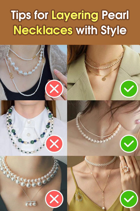 Layer pearl necklaces stylishly by mixing lengths, sizes, and colors. Experiment with textures and consider neckline compatibility. Keep other accessories minimal for a polished look. Have fun with your unique style! Layered Pearl Necklace Outfit, How To Layer Pearl Necklaces, What To Wear With Pearls, How To Style Pearl Necklace, Russ Aesthetic, How To Style Pearls, Pearl Necklace Layering, Layered Pearls, Outfit With Pearls