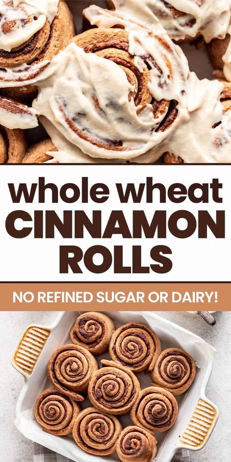 These soft and gooey Whole Wheat Cinnamon Rolls are packed with nutritious ingredients, yet will satisfy any cinnamon roll craving. It's the perfect homemade breakfast recipe for holidays, birthdays, and celebrating the weekend. Whole Wheat Flour Cinnamon Rolls, Vital Wheat Gluten Recipes, Whole Wheat Cinnamon Rolls, Wheat Cinnamon Rolls, Homemade Breakfast Recipes, Rolls From Scratch, Cinnamon Rolls From Scratch, Sourdough Cinnamon Rolls, Rolls Homemade