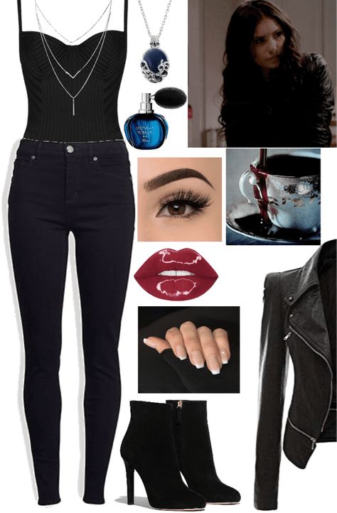 Katherine Vampire Diaries Outfits, All Black Vampire Outfit, Katherine Pierce Fashion, Tvdu Inspired Outfits, Tvd Clothes Inspired Outfits, Katherine Pierce Halloween Costume Ideas, Catherine Pierce Outfits, Tvd Katherine Outfits, Halloween Costumes With Everyday Clothes